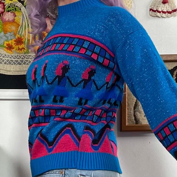 Vintage Metallic Novelty Sweater, 1980s Paper Doll Lady Pullover, Sz L-XL - Picture 8 of 12